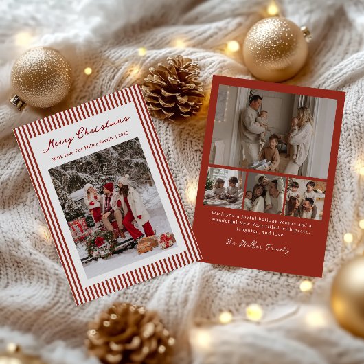 Red Stripe Family Christmas Photo Holiday Card シーズンカード