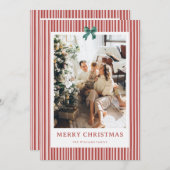 Red Stripe Green Bow Christmas Photo Holiday Card シーズンカード (正面/裏面)