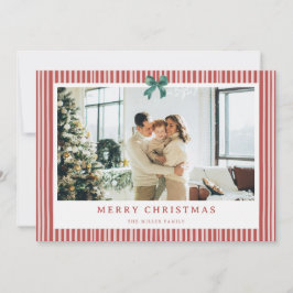 Red Stripe Green Bow Christmas Photo Holiday Card  シーズンカード