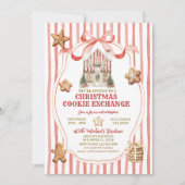 Red Stripes Bow Gingerbread House Cookies Exchange 招待状 (正面)