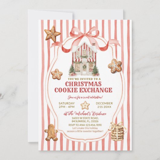 Red Stripes Bow Gingerbread House Cookies Exchange 招待状 (正面)