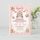 Red Stripes Bow Gingerbread House Cookies Exchange 招待状 (スタンド正面)