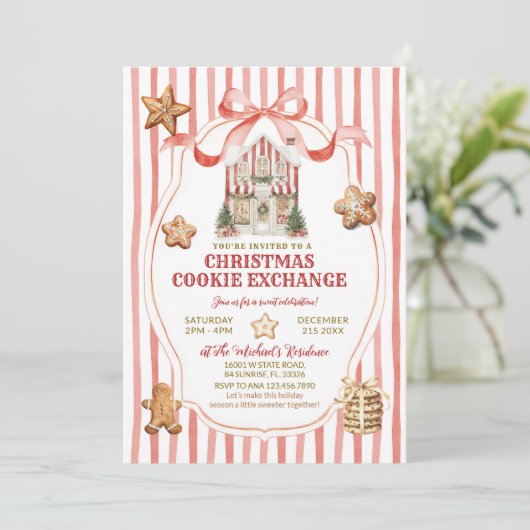 Red Stripes Bow Gingerbread House Cookies Exchange 招待状 (スタンド正面)