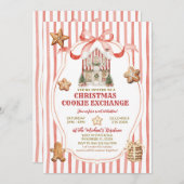 Red Stripes Bow Gingerbread House Cookies Exchange 招待状 (正面/裏面)