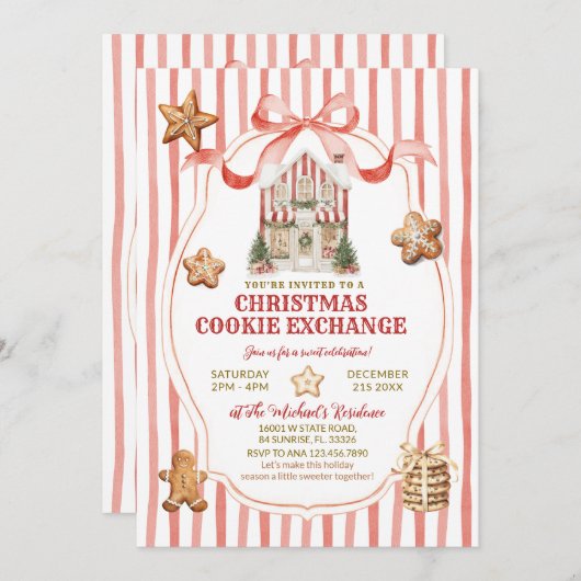 Red Stripes Bow Gingerbread House Cookies Exchange 招待状 (正面/裏面)