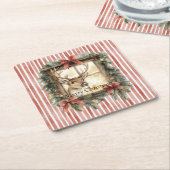 Red Stripes Bows Christmas Deer in Window スクエアペーパーコースター (アングル)