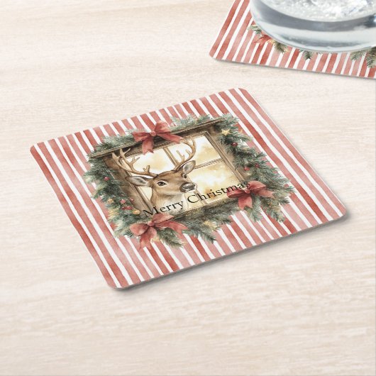 Red Stripes Bows Christmas Deer in Window スクエアペーパーコースター (アングル)