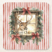 Red Stripes Bows Christmas Deer in Window スクエアペーパーコースター (正面)