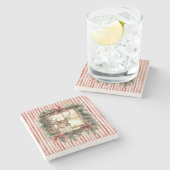 Red Stripes Bows Christmas Deer in Window ストーンコースター (横)