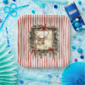 Red Stripes Bows Christmas Deer in Window ペーパープレート (パーティー)