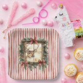 Red Stripes Bows Christmas Deer in Window ペーパープレート (パーティー)