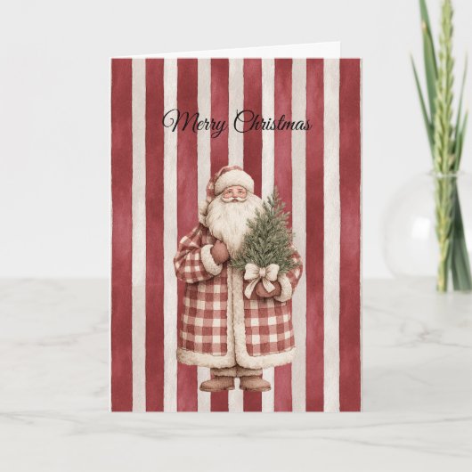 Red Stripes Christmas Santa with Tree カード (正面)