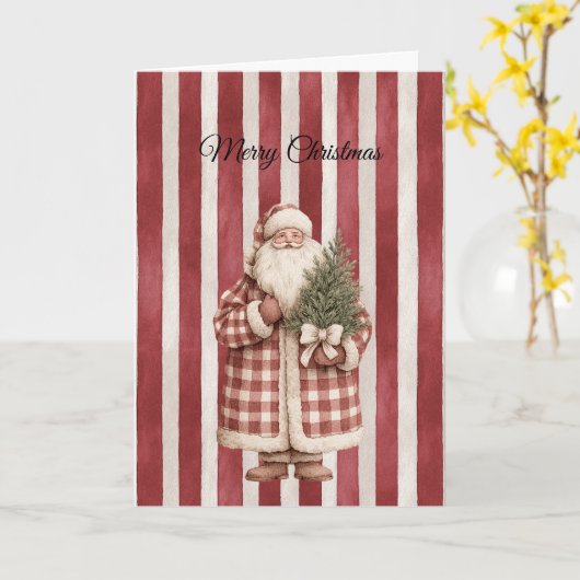 Red Stripes Christmas Santa with Tree カード (黄色い花)
