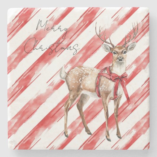 Red Stripes Deer Christmas Pillar Candle ストーンコースター (正面)