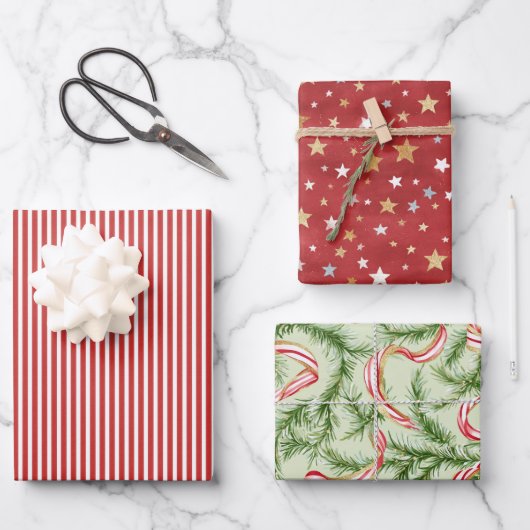 Red Stripes Green Ribbons Gold Stars Christmas ラッピングペーパーシート (正面)