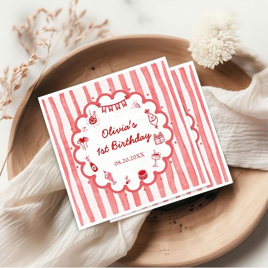 Red Stripes Hand Drawn Birthday Party スタンダードカクテルナプキン