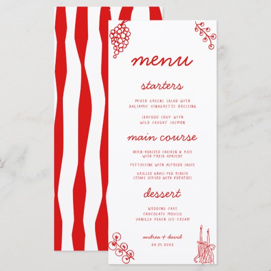 Red Stripes Retro Hand Drawn Italian Wedding Menu メニュー (正面/裏面)