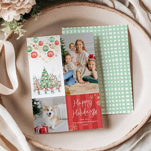 Red Stripes Winter Village Happy Holidays 2 Photo シーズンカード