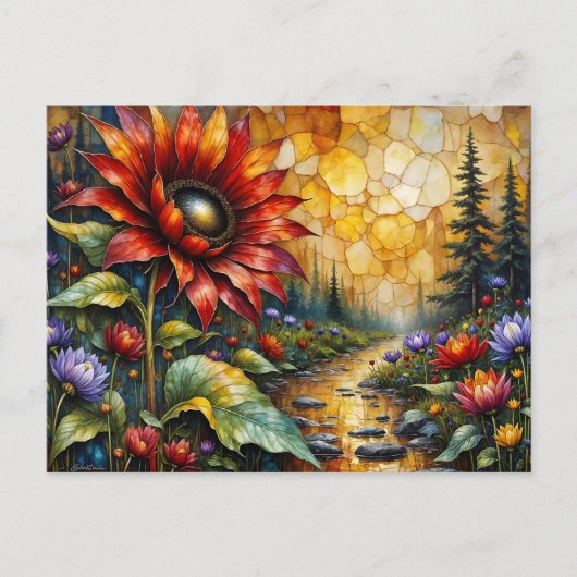Red Sunflower in valley by stream ポストカード (正面)