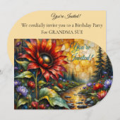 Red Sunflower in valley by stream 招待状 (正面/裏面)