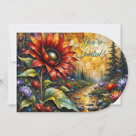 Red Sunflower in valley by stream 招待状 (正面)