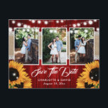 Red Sunflower Wedding Photo Save The Date 案内ポストカード<br><div class="desc">Rustic red wedding photo save the date postcard featuring sunflowers,  string lights,  burlap and lace on a barn wood background</div>