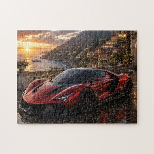Red Supercar at Mediterranean Sunset ジグソーパズル (横)