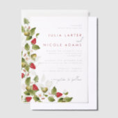 Red Sweet Wild Strawberry Flowers Wedding ベラム紙招待状 (オフセット)