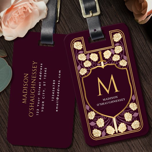 Red Sword Shield Medieval Fantasy Monogram ラゲッジタグ