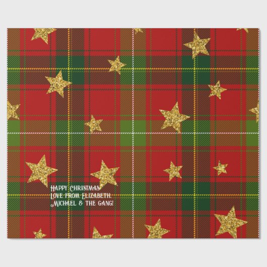 Red Tartan Gold Star Personalized Christmas ラッピングペーパー (フラット)