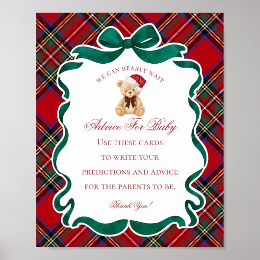 Red Tartan Plaid Christmas Bear Advice for Baby ポスター (正面)