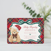 Red Tartan Plaid Christmas Bear Baby Registry エンクロージャーカード (スタンド正面)