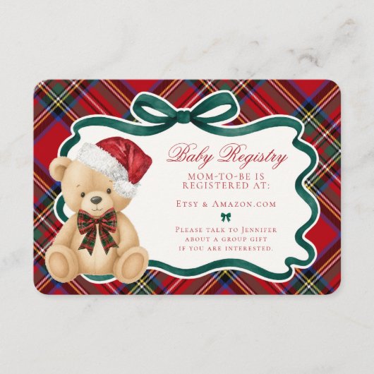 Red Tartan Plaid Christmas Bear Baby Registry エンクロージャーカード (正面)