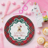 Red Tartan Plaid Christmas Bear Baby Shower  ペーパープレート (パーティー)