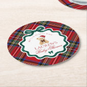 Red Tartan Plaid Christmas Bear Baby Shower  ラウンドペーパーコースター (アングル)