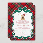 Red Tartan Plaid Christmas Bear Baby Shower 招待状 (正面/裏面)