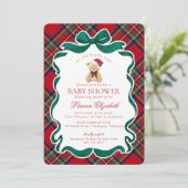 Red Tartan Plaid Christmas Bear Baby Shower 招待状 (スタンド正面)