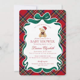 Red Tartan Plaid Christmas Bear Baby Shower 招待状