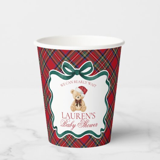 Red Tartan Plaid Christmas Bear Baby Shower 紙コップ (正面)
