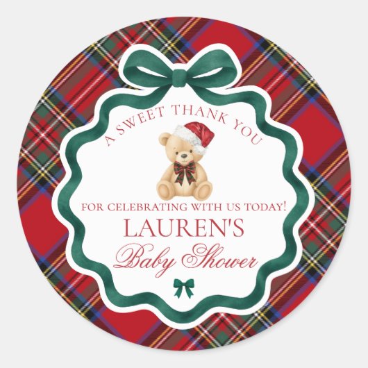 Red Tartan Plaid Christmas Bear Baby Shower Favor ラウンドシール (正面)