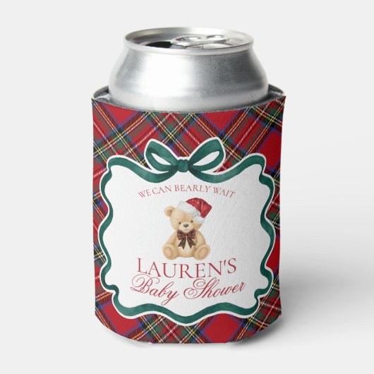 Red Tartan Plaid Christmas Bear Baby Shower Favor 缶クーラー (缶正面)