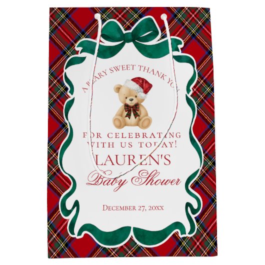 Red Tartan Plaid Christmas Bear Baby Shower Favors ミディアムペーパーバッグ (正面)