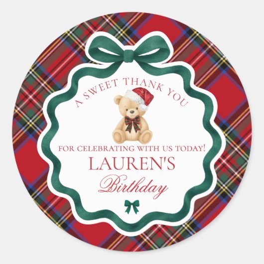 Red Tartan Plaid Christmas Bear Birthday Favor ラウンドシール (正面)