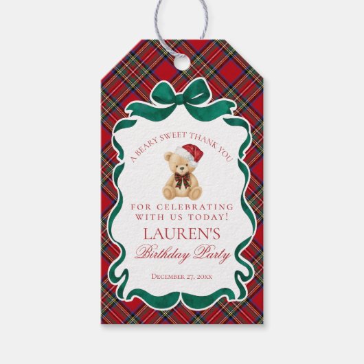 Red Tartan Plaid Christmas Bear Birthday Favors ギフトタグ (正面)