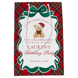 Red Tartan Plaid Christmas Bear Birthday Favors ミディアムペーパーバッグ