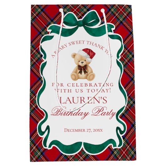 Red Tartan Plaid Christmas Bear Birthday Favors ミディアムペーパーバッグ (正面)