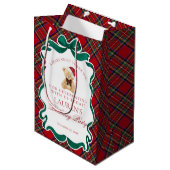 Red Tartan Plaid Christmas Bear Birthday Favors ミディアムペーパーバッグ (正面アングル)