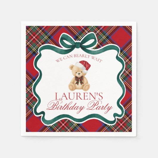 Red Tartan Plaid Christmas Bear Birthday Party スタンダードカクテルナプキン (正面)