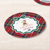 Red Tartan Plaid Christmas Bear Birthday Party ラウンドペーパーコースター (アングル)