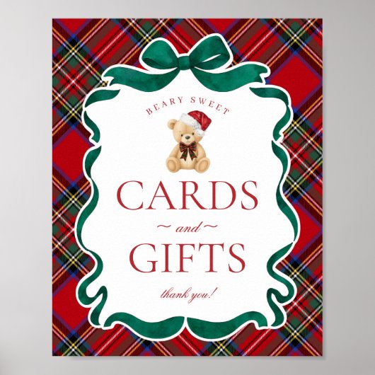 Red Tartan Plaid Christmas Bear Cards & Gifts ポスター (正面)